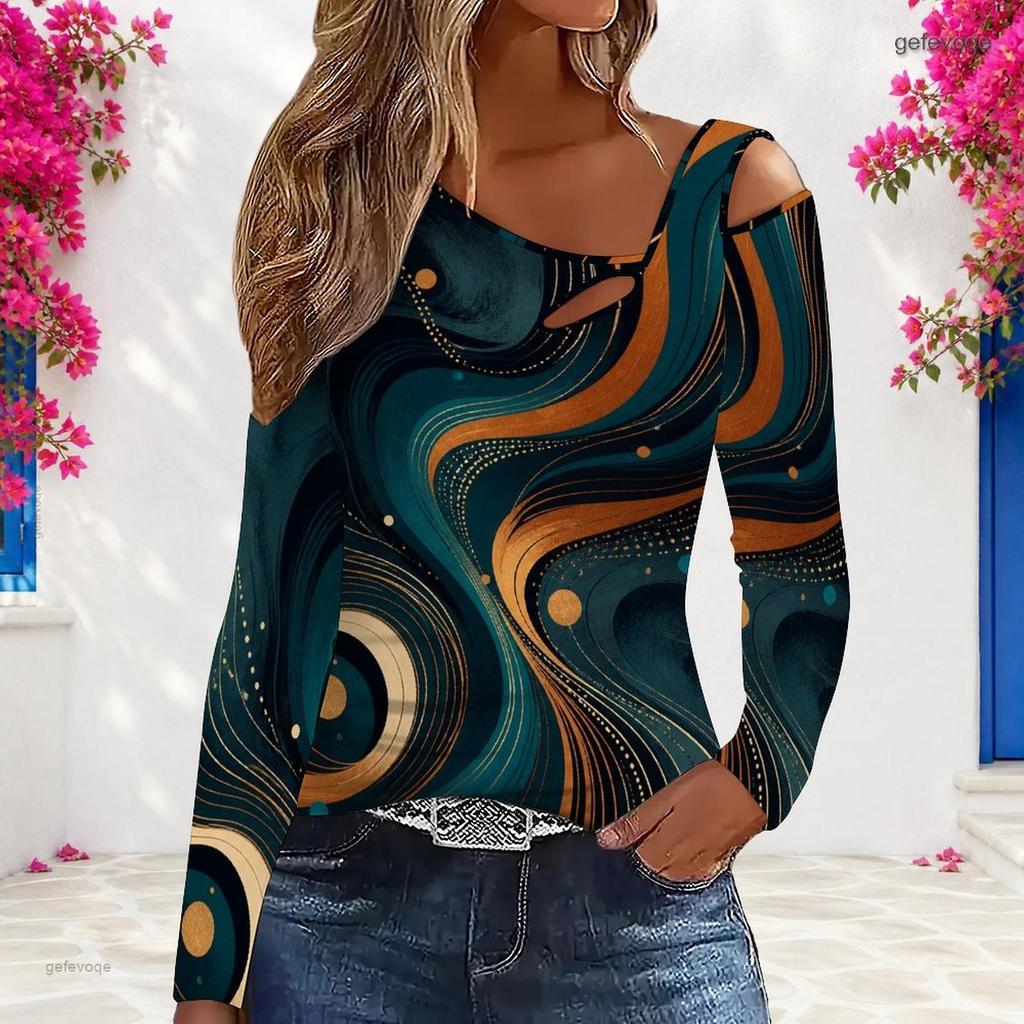 Women Plus Size Asymmetric Cutout Neck Cold Shoulder Long Sleeve Galaxy Printed Fitted Top
