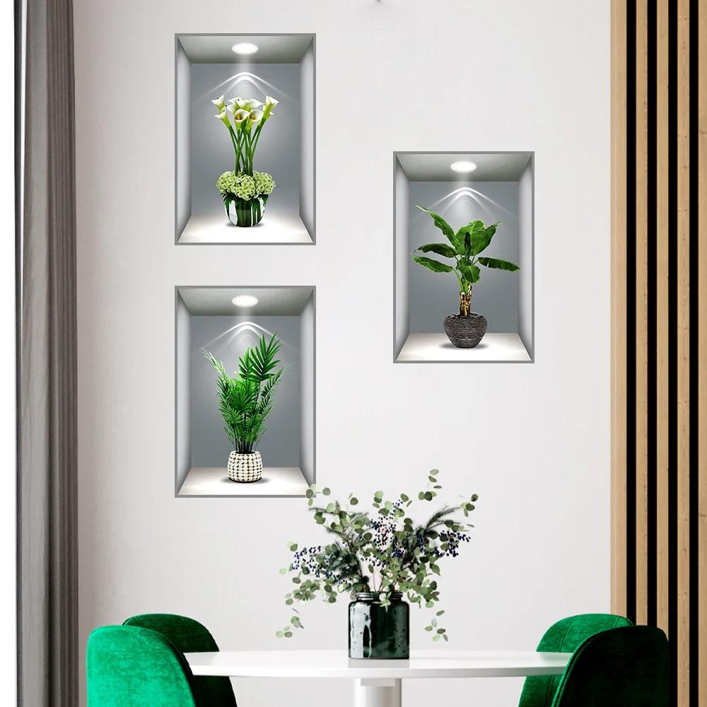 3D Effect Potted Triptych Posters Hallway Staircase Decorative Painting Hotel Restaurant Wall Plant Stickers