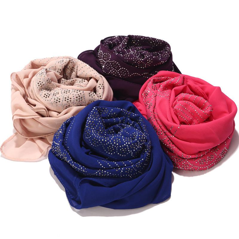 Women Rhinestone Chiffon Solid Color Muslim Head Scarf Shawls And Wraps Pashmina Bandana Female Foulard Hijab Stores