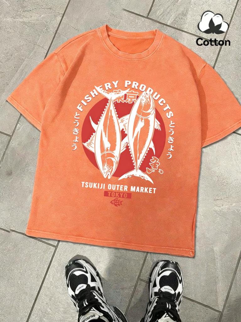 Tokyo Fishery Products Prints Washed TShirt Mens Cotton Oversized Tops Casual Short Sleeve T Shirts Summer ONeck MenS Clothes