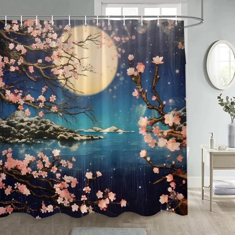 Japanese Landscape Shower Curtains Cherry Blossom Koi Fish Lotus Abstract Mountain Sea Waves Polyester Bathroom Decor with Hooks
