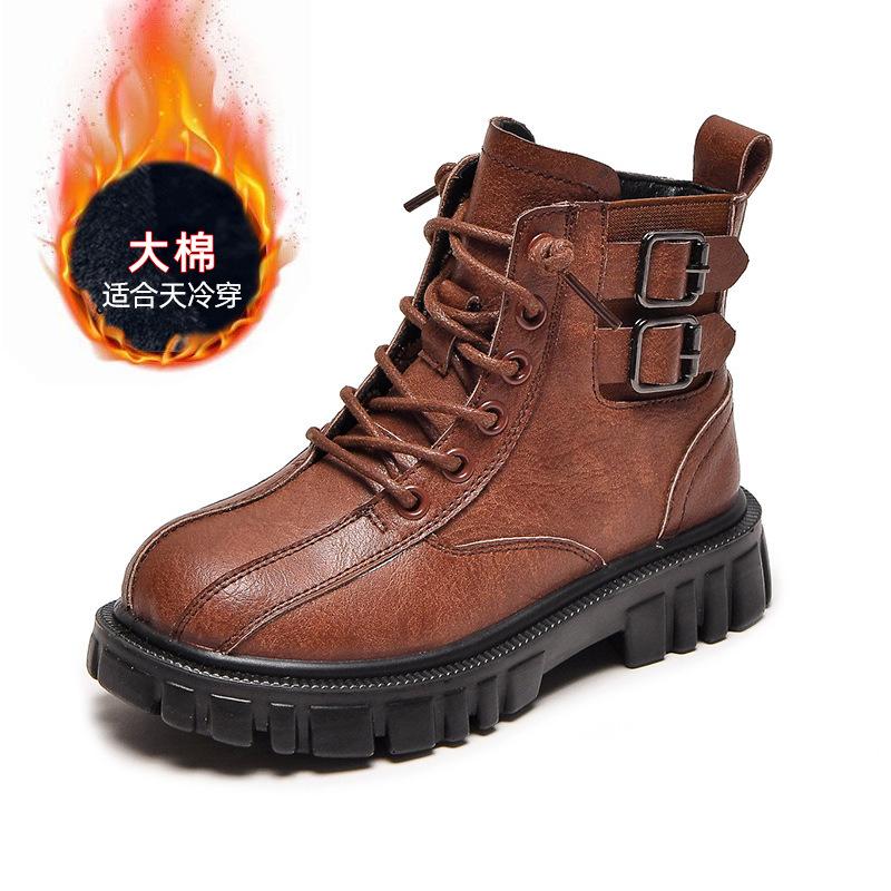 Fashion retro children's Martin boots autumn and winter new leather single boots velvet British style casual non-slip boys short boots