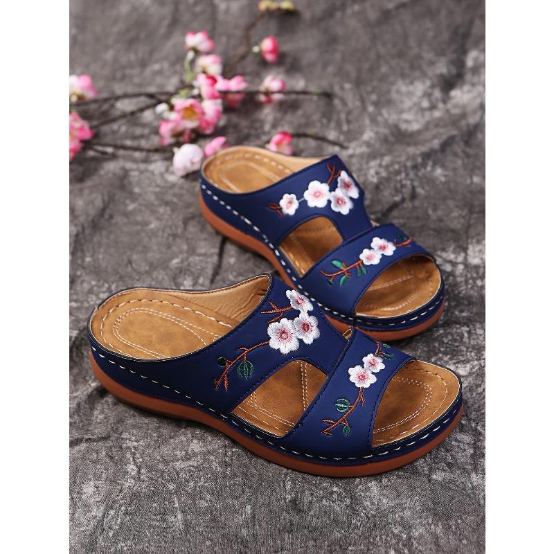 Womens One Band Slippers Summer Roman Style Wedge Platform Sandals Embroidered Floral Sandals