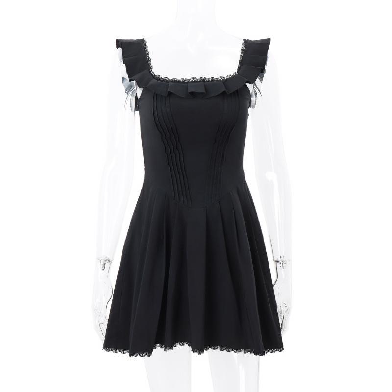 Ins Style Summer New French Temperament Square Neck Wooden Ear Edge Fishbone Corset Female Dress
