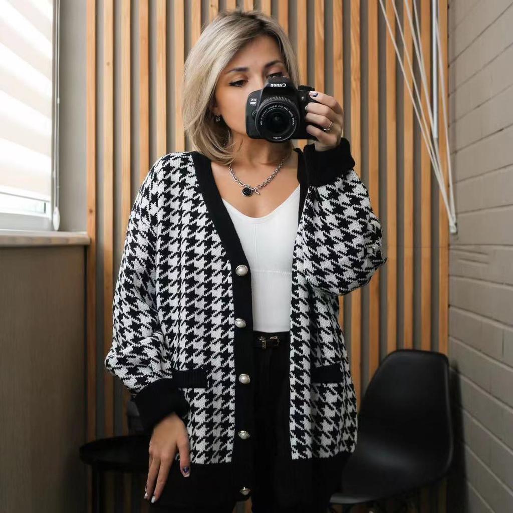 V-Neck Women Button Black Houndstooth Cardigan Long Sleeve Sweater Autumn Winter Knitted Loose Oversized Jumper Casual