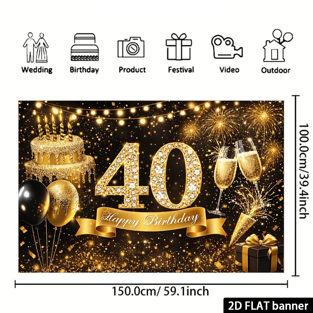 2D-Ebene 40. Geburtstag Party Banner Hintergrund - Schwarz-Gold-Thema 40. Geburtstag, mit strassbesetzter Zahl 40 und yzb