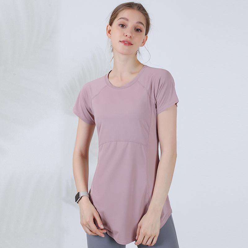 

Весенне-летний женский костюм для йоги: Похудение, Дышащий, Длинный, закрывающий бедра, Красивая спина, С коротким рукавом, Одежда для бега, фитнеса, спорта Small розовый