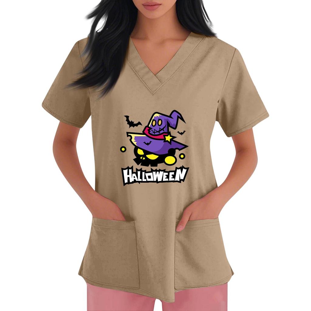 Women's V-Neck Maple Leaf Print Short Sleeve Scrub Top with Pockets and Side Slits