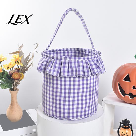 Versatile Household Storage Halloween Basket, Plaid Ruffle Trick or Treat Candy Bucket with Handle Easter Egg Hunt Carriers for Kids, Reusable Gingham