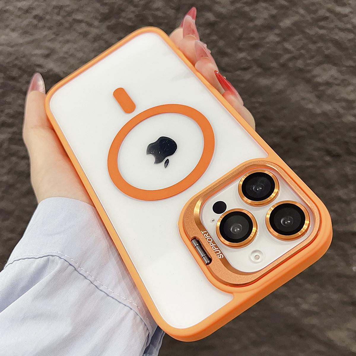 

Роскошный магнитный противоударный чехол для телефона iPhone 15 16 14 13 12 11 Pro Max для Magsafe Funda Stand Glass Защитная крышка для объектива For iPhone 16 ProMax оранжевый