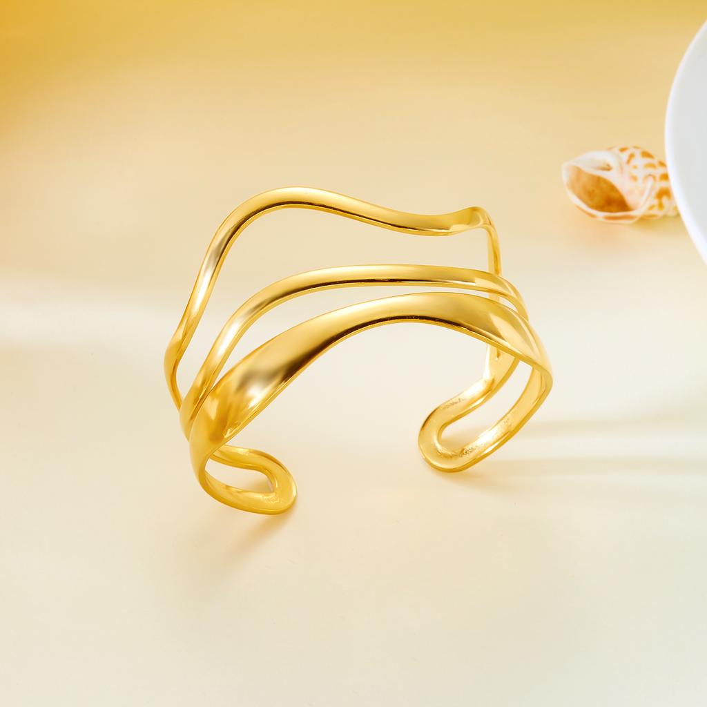 Stainless Steel Metal Leaves Open Bangle for Women Vintage Gold Color Geometric Wide Wave Charm Cuff Bracelet Party Jewelry Gift