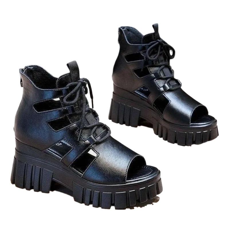 Fashion 2025 Women's High Heel Sandals New Block Heel Buckle Casual Fish Mouth Breathable Hollow Heels Women's Shoes Zapatos De Mujer