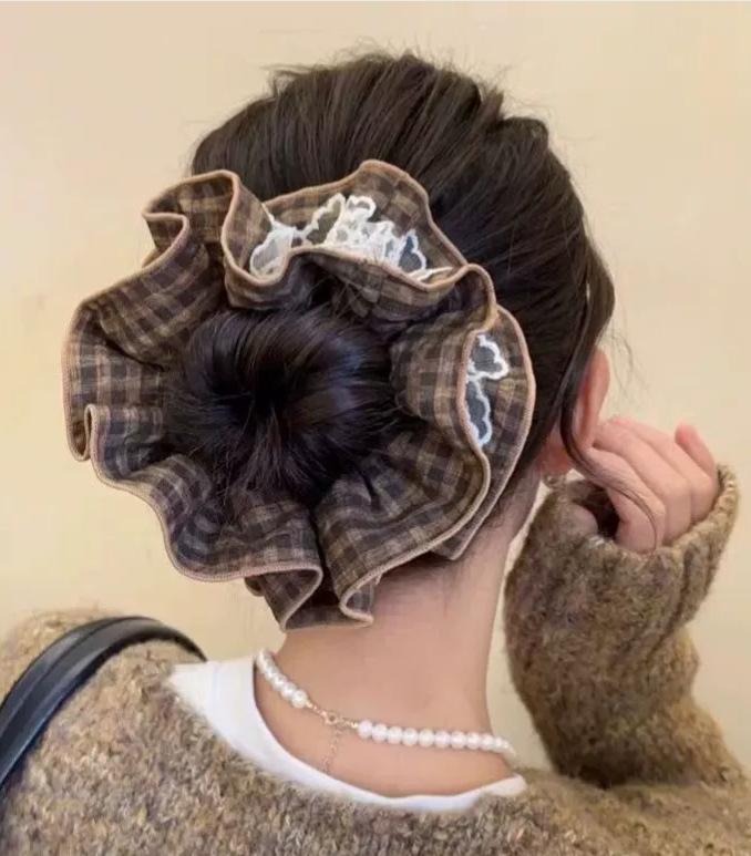 Elegant Lace Plaid Hair Tie for Women - Perfect for Autumn and Winter Low Ponytails