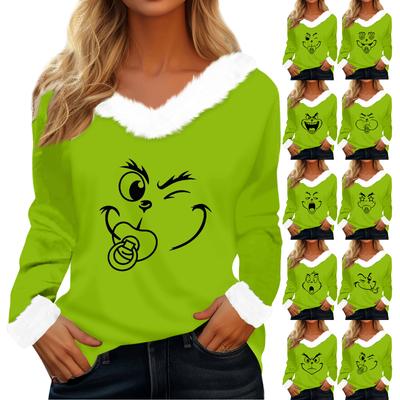 Women's T Shirt Tee Christmas Shirt Long Sleeve Party Christmas Print Fleece Collar V Neck Top
