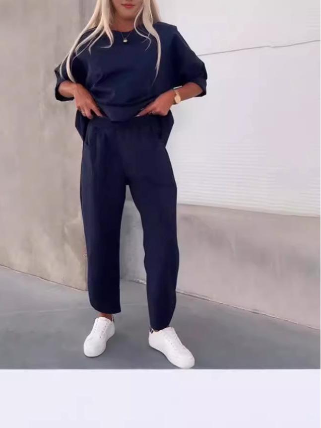 2024 European & American Women's Loose Casual Two-Piece Set: Solid Color Crew Neck Top & Nine-Point Pants for Autumn