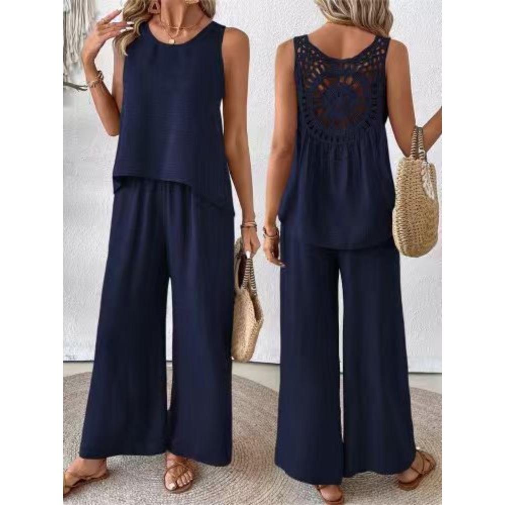 Set da donna casual alla moda, tinta unita, schiena con intaglio floreale, elegante, due pezzi
