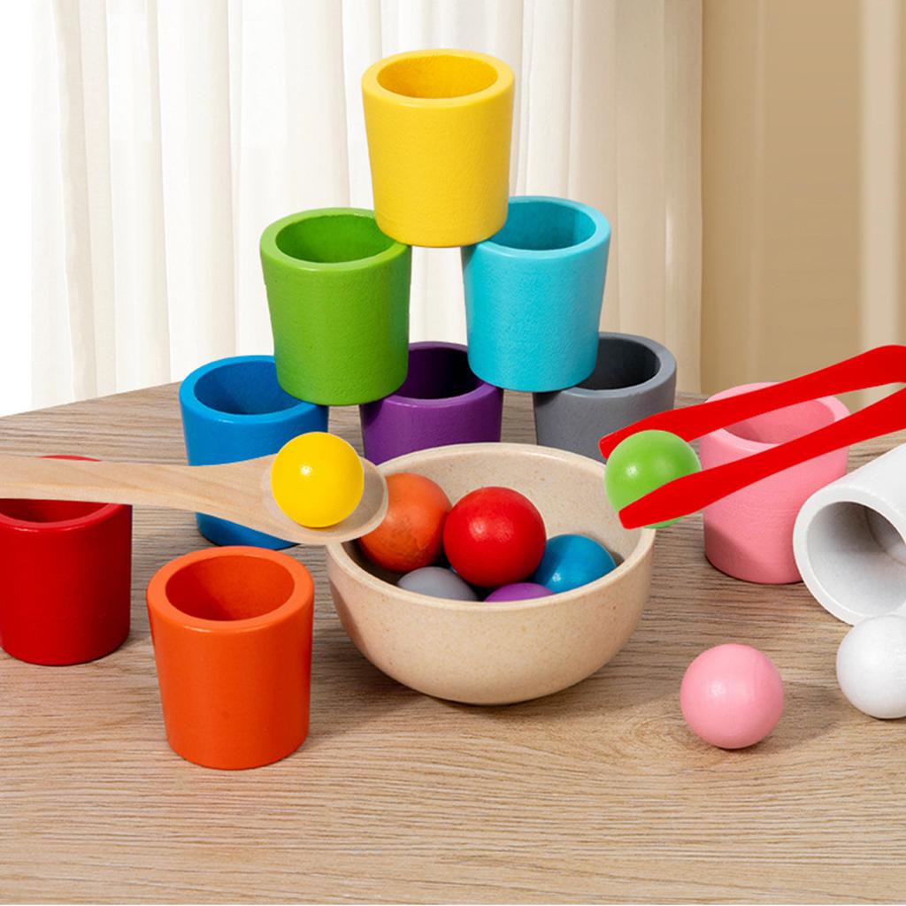 Rainbow Balls In Cups Wooden Matching Game Learning Color Sorting & Counting Activities Ball Montessori Toy for Toddlers