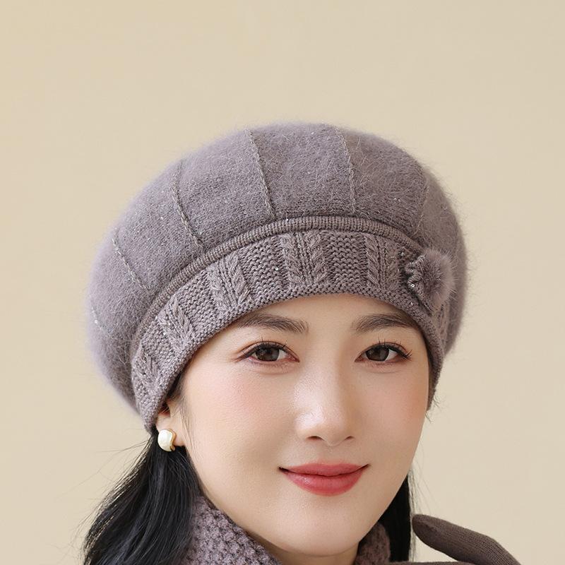 In The Elderly Rabbit Hair Knitted Hat Ladies Beret Fashion Thickened Warm Wool Hat