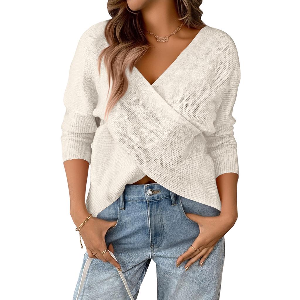 Women's Relaxed Patchwork V,neck Loose Long,sleeved Polyester Sweater