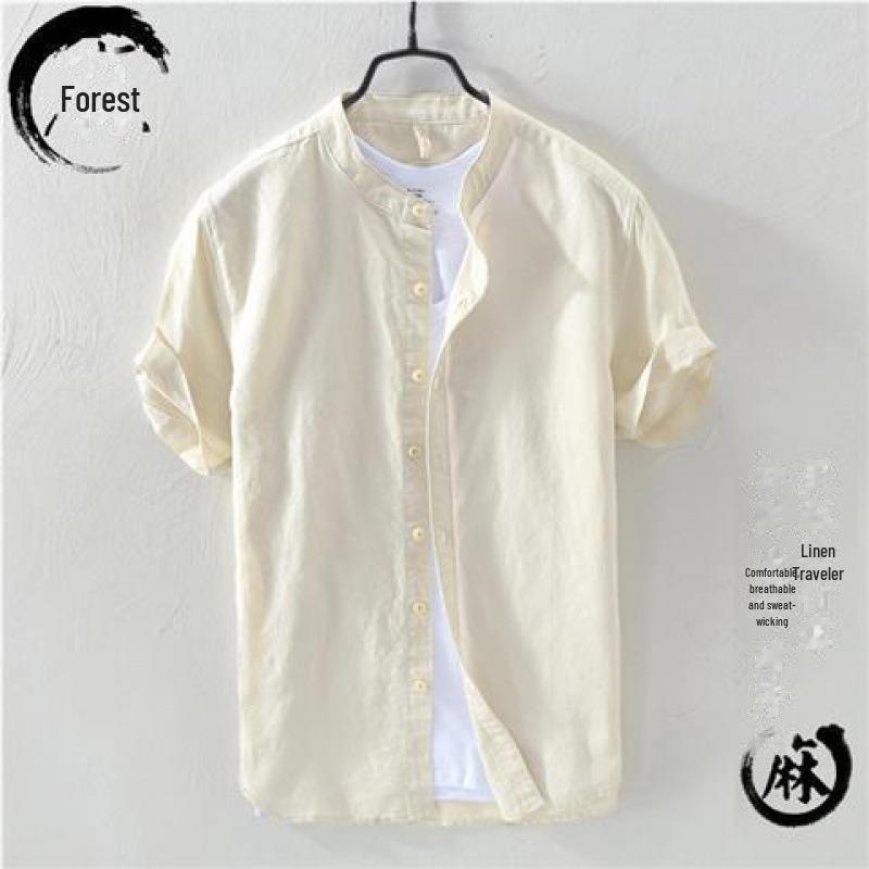 Men's Short-Sleeve Chinese-Style Stand Collar Linen Shirt - Casual, Lightweight, Summer Trend