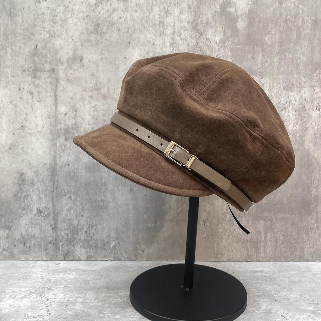 Vintage Belt Decoration Suede Newsboy Hat Painter Hat Women'S Versatile Face Ducktongue Octagonal Hat