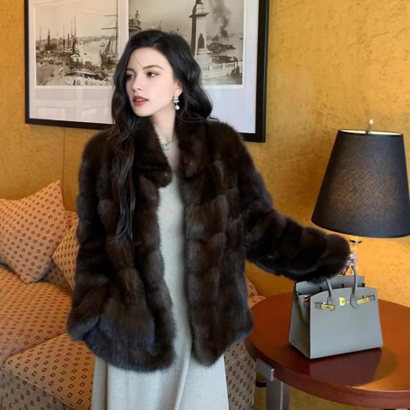 Womens Faux Mink Coat With Stand Collar Thick Winter Warm Mid-Length Artificial Fur Jacket Office Elegant Style