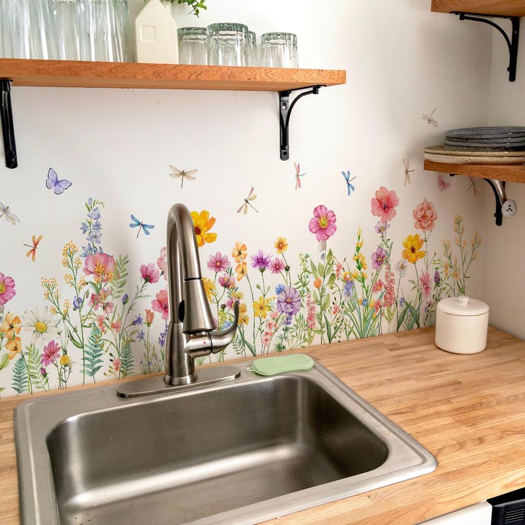 Wall Flower Floral Wall Decorative Wall Decal for Living Bedroom Wall Wallpaper Stickers, Plants, Purple, Lavender, Ball, Blue, Dandelion, Butterfly,