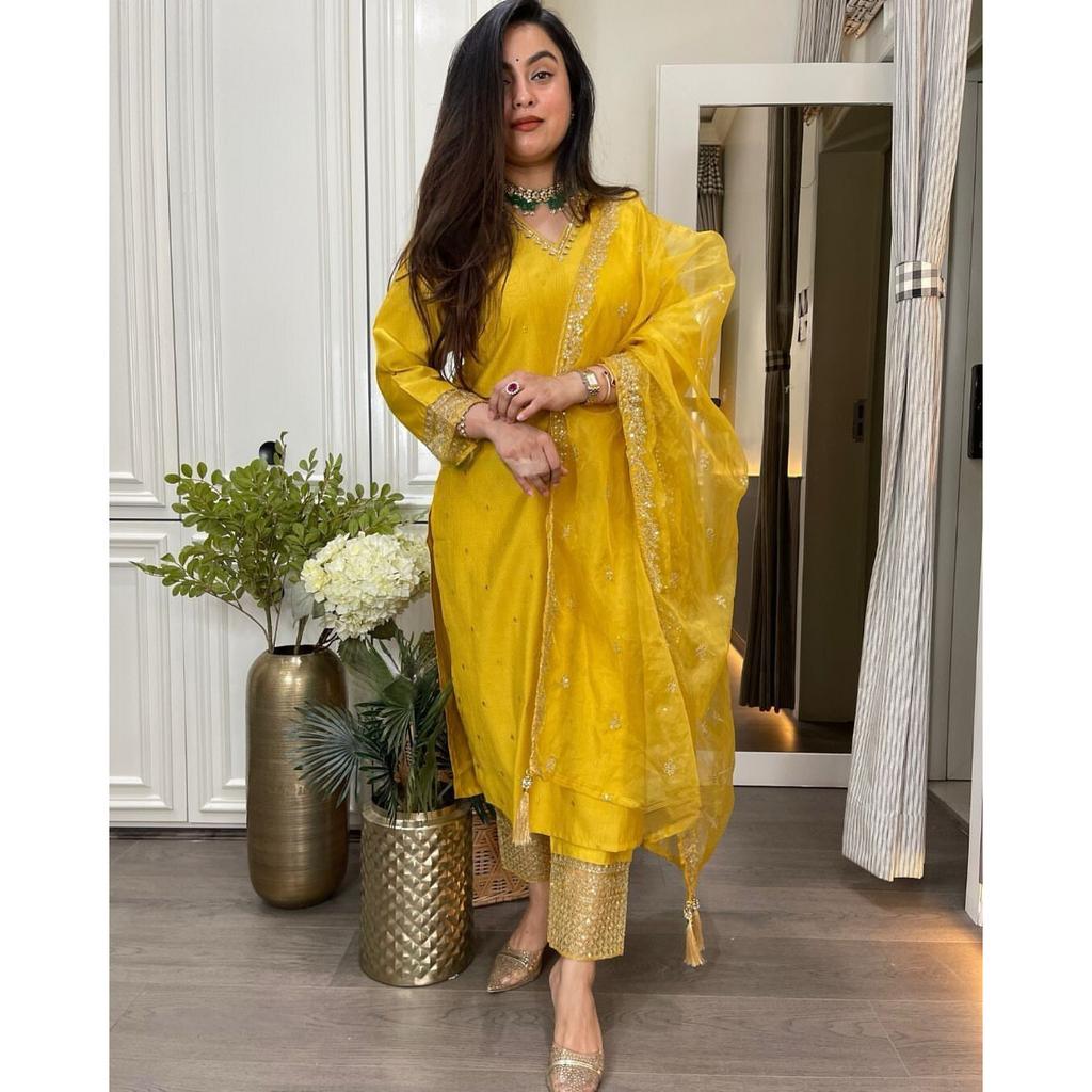 Women Bollywood Top Tunic Kurti Pant Dupatta Set Indian Party Wear Salwar Suit VF-20240