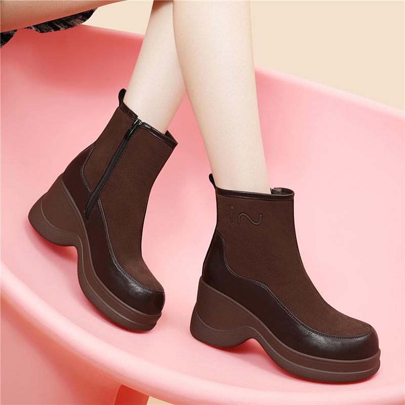 

Autumn and winter new thick heel medium heel short boots cotton shoes warm velvet boots heightened platform versatile women s shoes 40