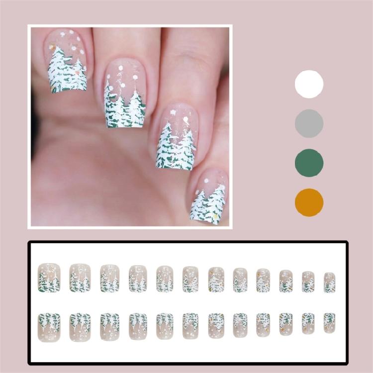 24 Pcs/Set Christmas Tree Artificial Nail False Nail French Snowflake Full Cover Stick on Nail Press On Nail