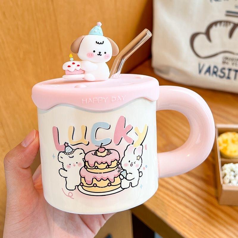 High Value Cartoon Puppy Straw Cup Girl Cute Ceramic Mug with Lid Couple Water Cup Birthday Gift