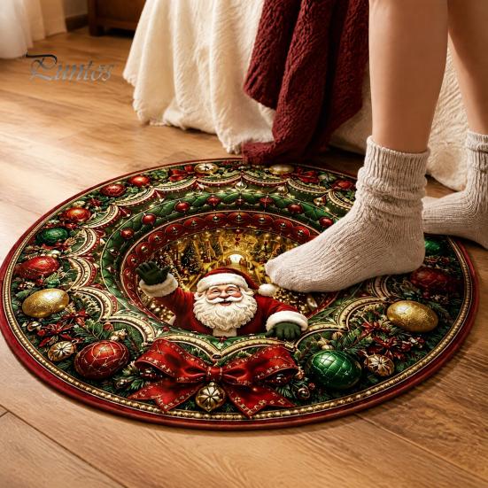 Winter Welcome Mat 3D Christmas Round Rug, Optical Illusion Area Santa Claus Deep Hole Festive Indoor Floor Prints, Non-slip Rug for Entrance