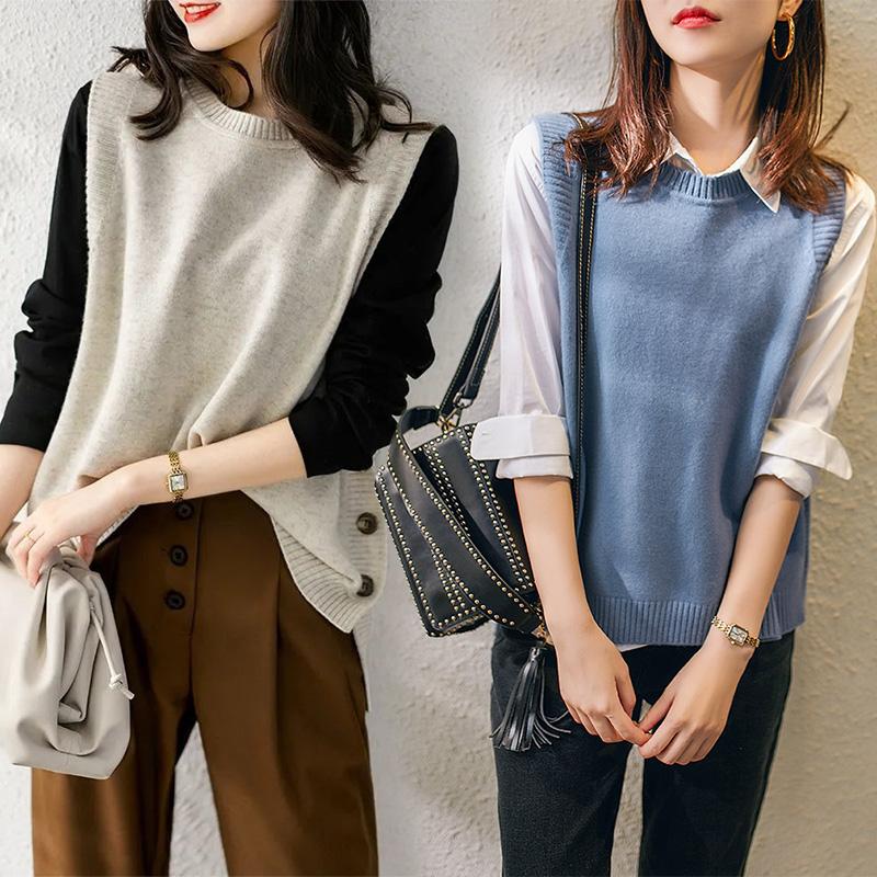 

Модный осенне-весенний свитер в студенческом стиле с тремя пуговицами, вязаный жилет, женский однотонный топ без рукавов с круглым вырезом