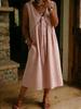 Abito midi da donna a V con bordi in pizzo, senza maniche, vestibilità ampia, casual estivo, tinta unita, vestito da sole