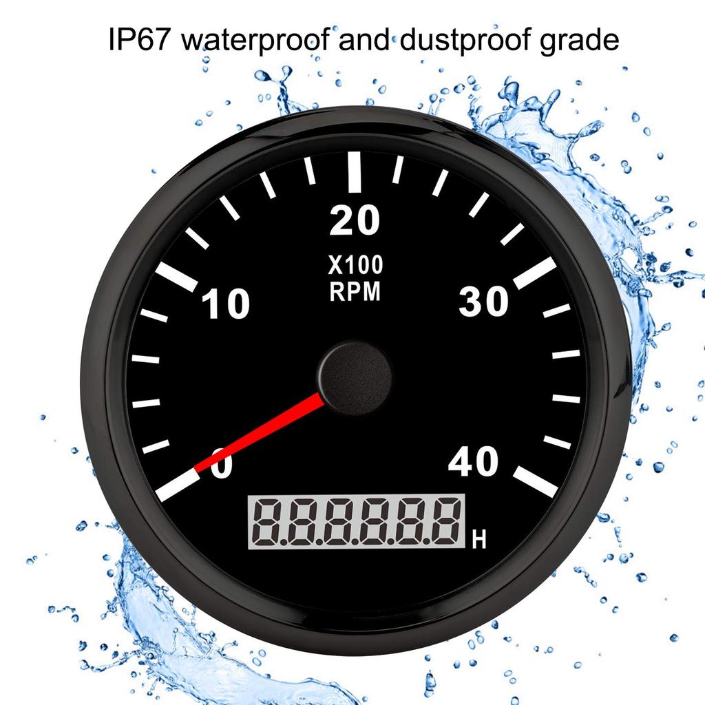 Tachometer, 85mm Pointed 4000RPM Tachometer Gauge Boat Sailboat Diesel Generator Engine/Gasoline Engine (Black with Black Frame)