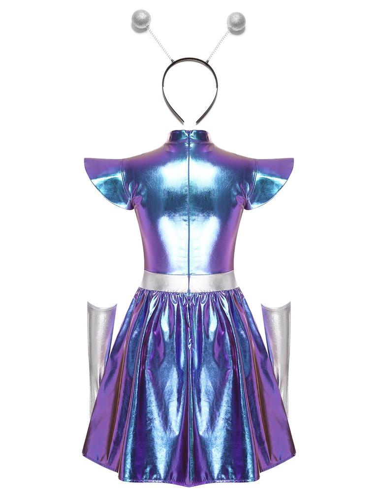 Womens Alien Astronaut Cosplay Dress with Gloves and Hair Loop Set Cutout Neck Metallic Shiny Dress for Halloween Spaced Themed Party