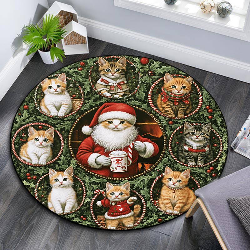 Cats and Santa Claus Round Area Rug,Carpet Rug for Living Room Bedroom Sofa Playroom Decor,Non-slip Floor Mat