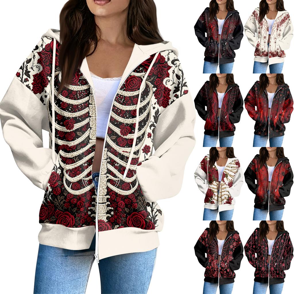 Damen Stilvolles Lässiges Langarm Reißverschluss Kapuzenpullover mit Halloween-Print