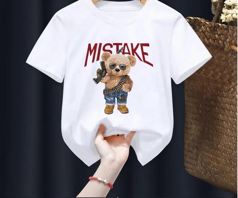 2026 Childrens Funny Bear Print Tshirt Summer Short Sleeve Cartoon Harajuku Style Girl Boy Teddy Bear TShirt Tops for Kids 100