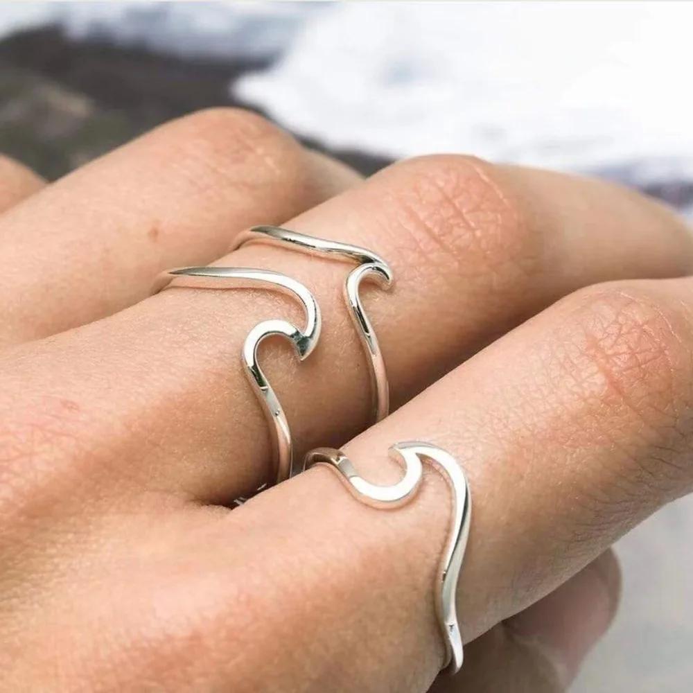 Lucky Star Jewelry Women's Light Stainless Steel Fashion Design Geometric Wave Unique Ring Luxury Party Zircon 3 Colours Adjustable
