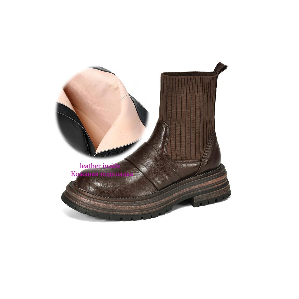 Krazing Pot Microfiber Autumn Winter Shoes Thick High Heels Flat Platform Size 43 Motorcycle Boots Knitwear Ankle Boots
