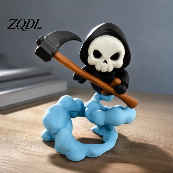 3D Printed PLA Statue Grim Reaper Figurine with Cloud Base, Cute Environmental Friendly Ornament Skeleton Scythe Statue, Halloween Decorative
