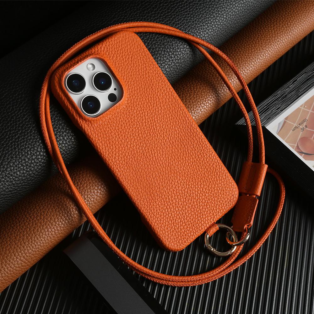 

For iPhone 13 Pro Max Case With Lanyard Genuine Cow Leather PC Phone Back Cover Orange