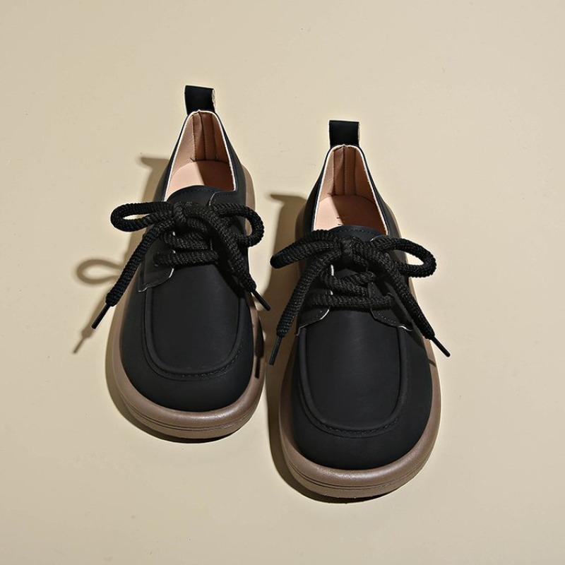 

Fashion Lace Up Small Leather Shoes for Women 2025 Spring New British Style Casual Soft Soled Loafers Versatile Bean Shoes 35 чёрный