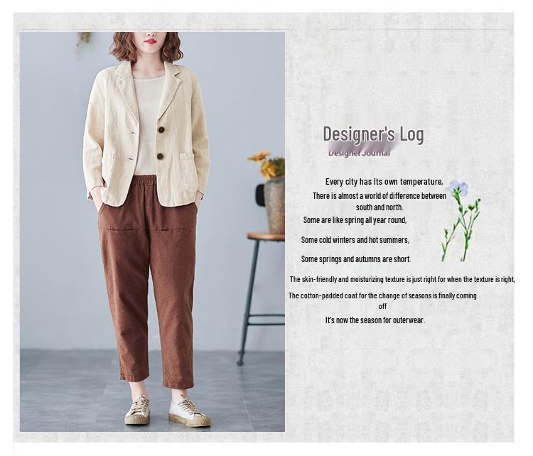 Women's 2024 Spring/Autumn Cotton-Linen Loose Casual Blazer - Plus Size, Long Sleeve, Short Jacket