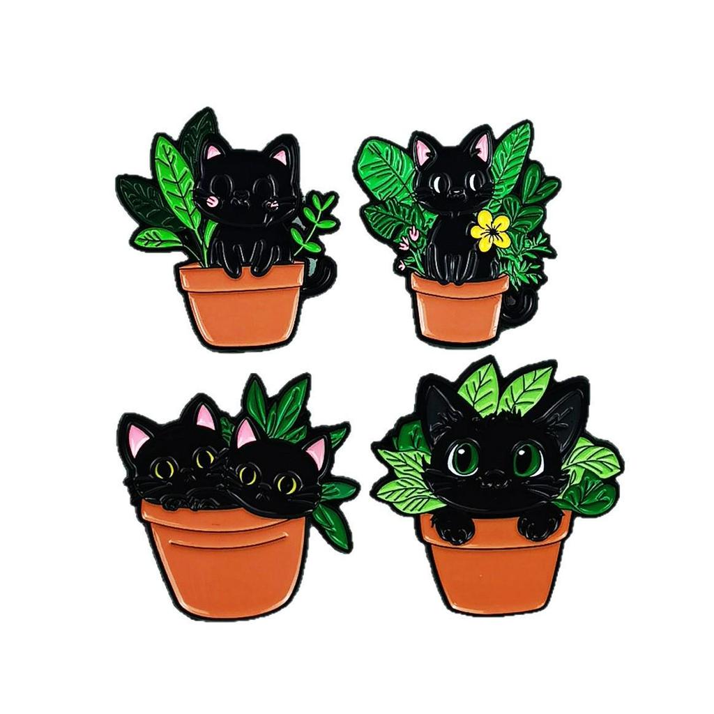 Cute Black Cat Potted Plant Brooch - Cartoon Animal Alloy Accessory for Backpacks & Clothing