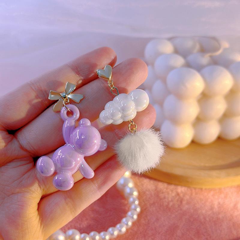 Stříbrné jehly Barevné kreslené medvídky a obláčky Pom-pom Asymetrické náušnice