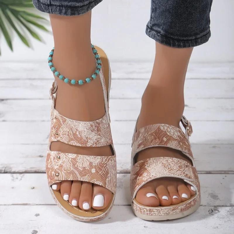 Summer Hot Sale Women's Shoes 2024 High Quality Fashion Women's Sandals Color Block Open Toe Slip-On Flat Women's Sandals