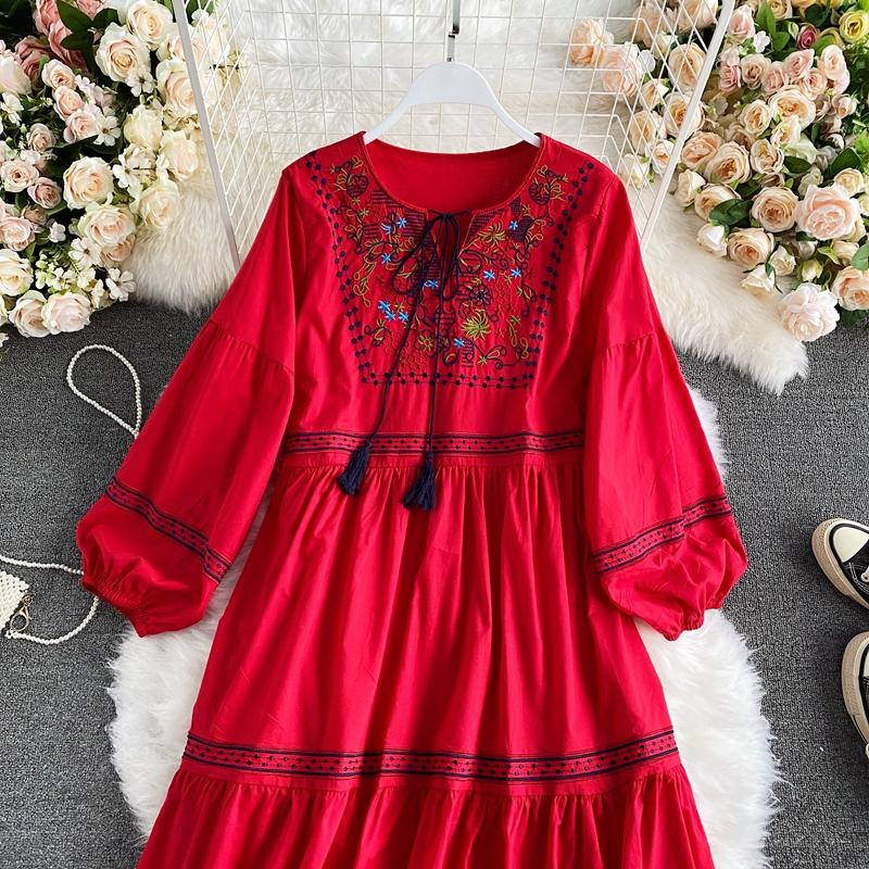 RUGOD Vestido largo con cordones y borlas con cuello en V y bordado étnico Retro para viajes y vacaciones vestido largo de temperamento de moda de manga larga