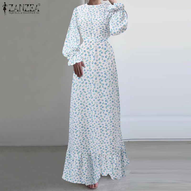 

ZANZEA Весеннее женское вечернее платье макси с цветочным принтом и рюшами и длинными рукавами